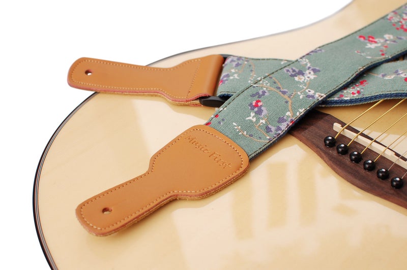 MUSIC FIRST Original Design, 2 inch width (5cm), Vintage Style â€œPlum Flowersâ€ Canvas & Genuine Leather Floral Guitar Strap Electric Guitar straps - Image 4